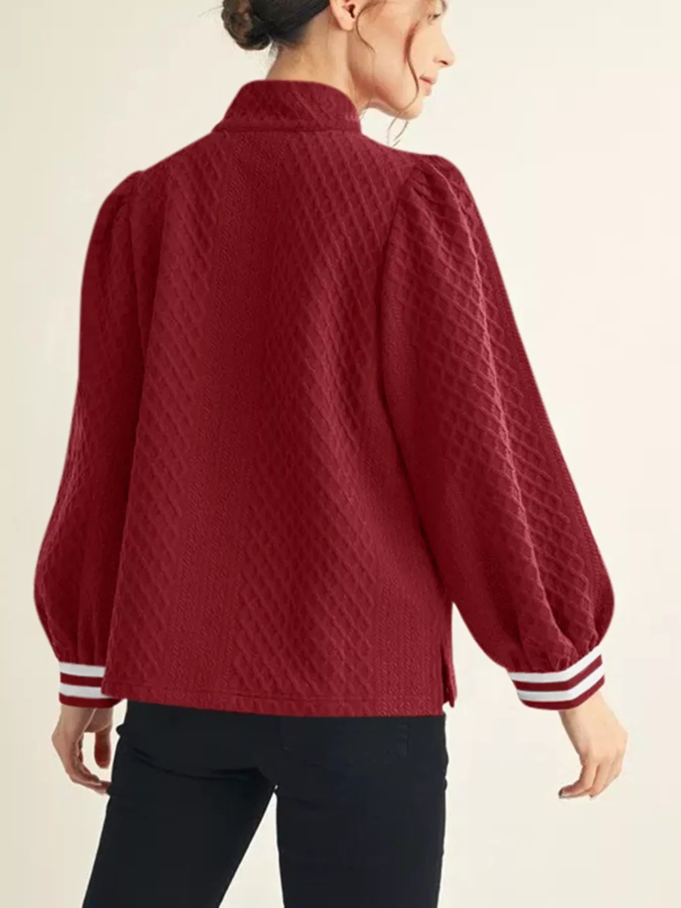 Striped Trim Zipper Blouse