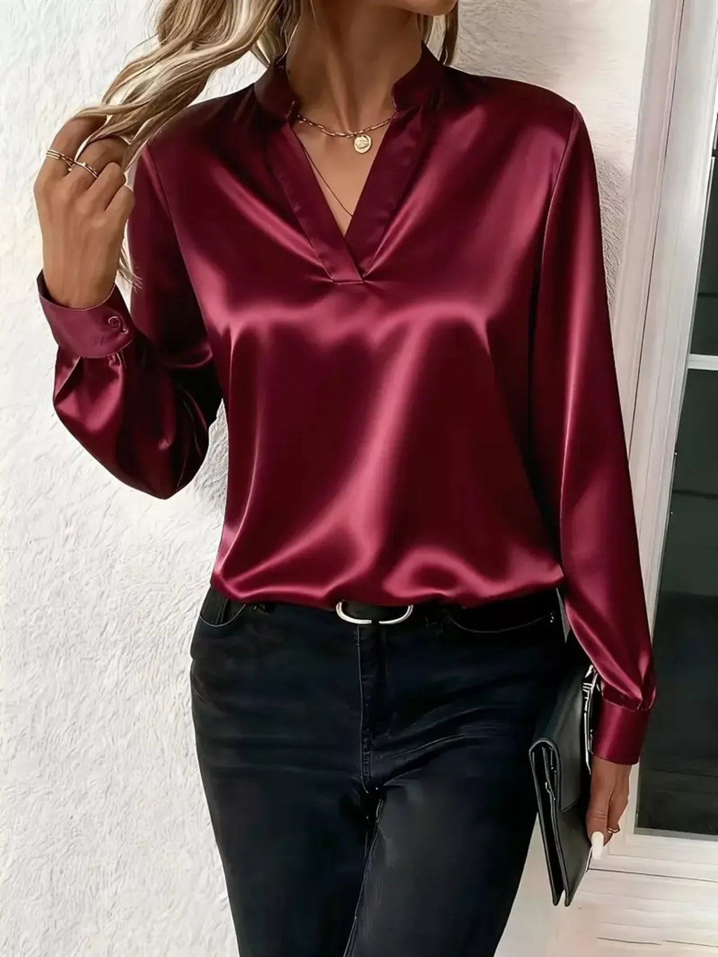 Notched Long Sleeve Blouse