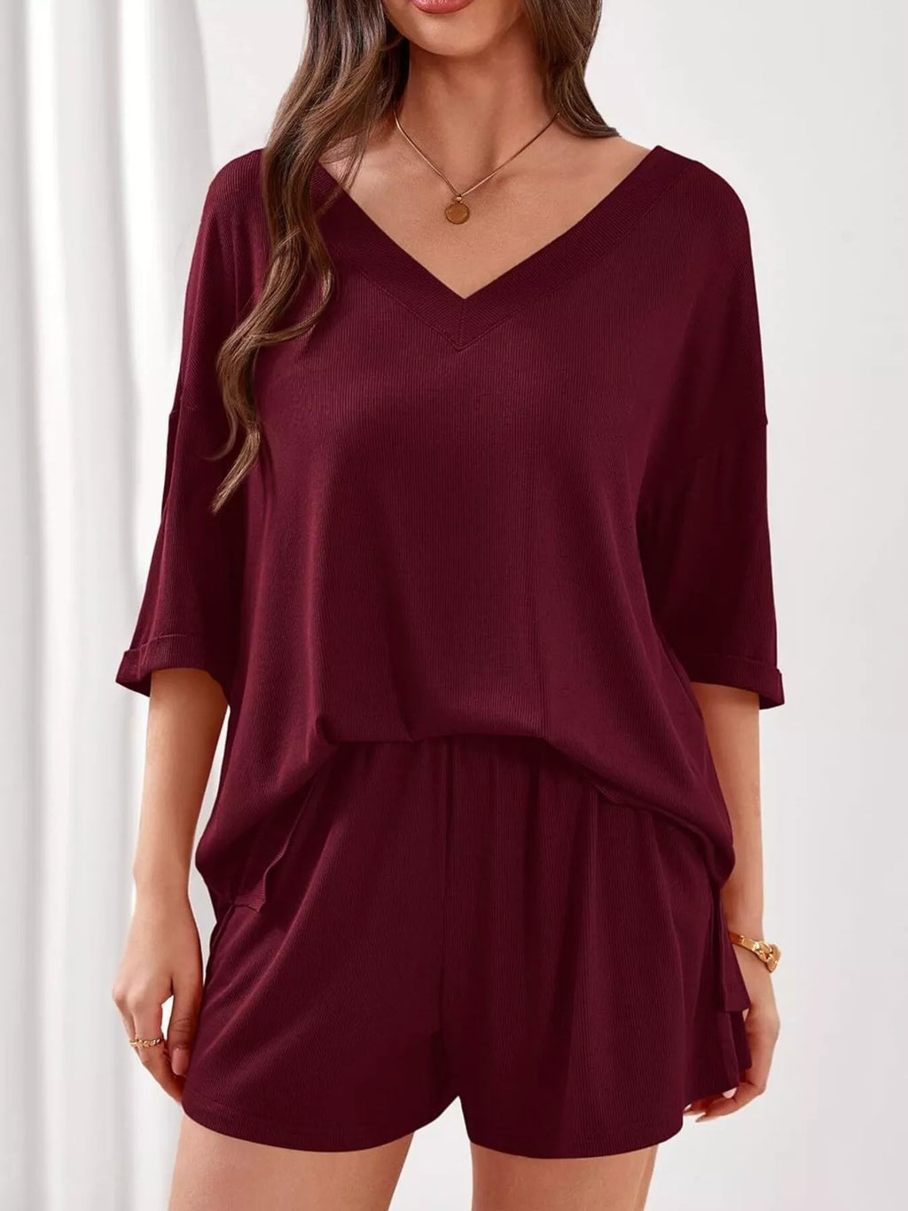 Casual Solid Color V-Neck Top & Shorts Set