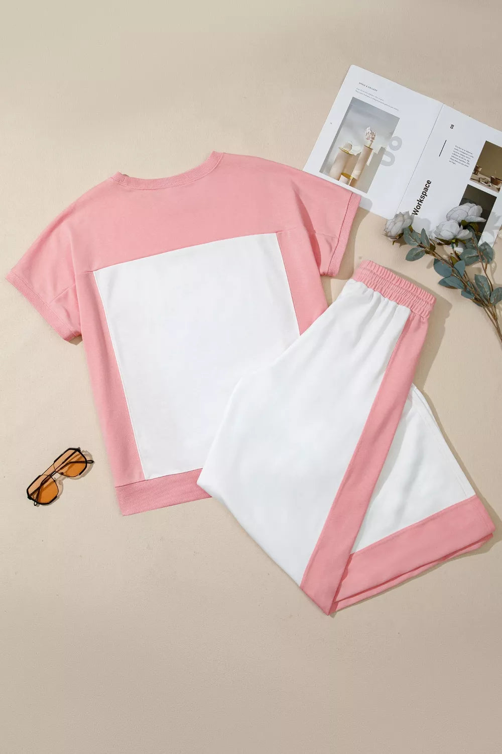Two-tone Color Block Patchwork Tee Drawstring Loose Pant Set