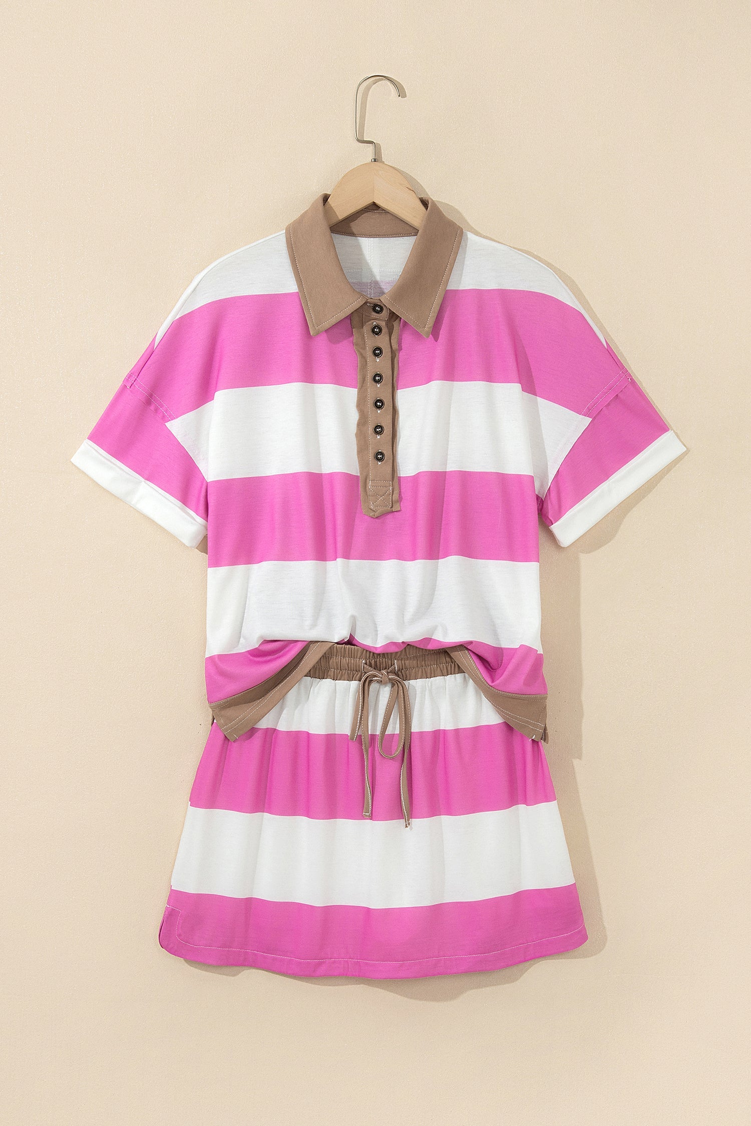 Stripe Raw Edge Polo Tee & Mini Skirt Set