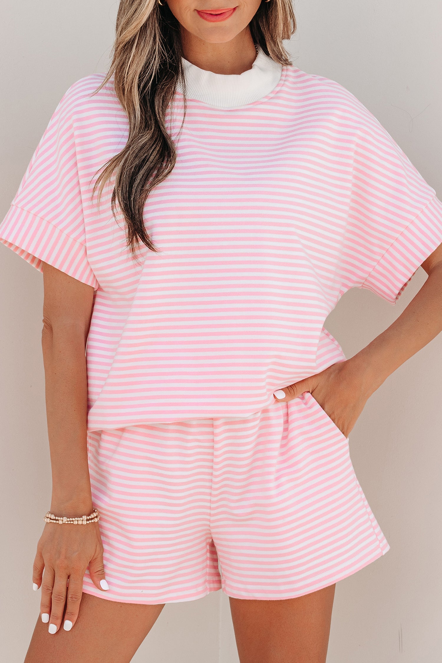 Stripe Contrast Mock Neck Tee & Shorts Set