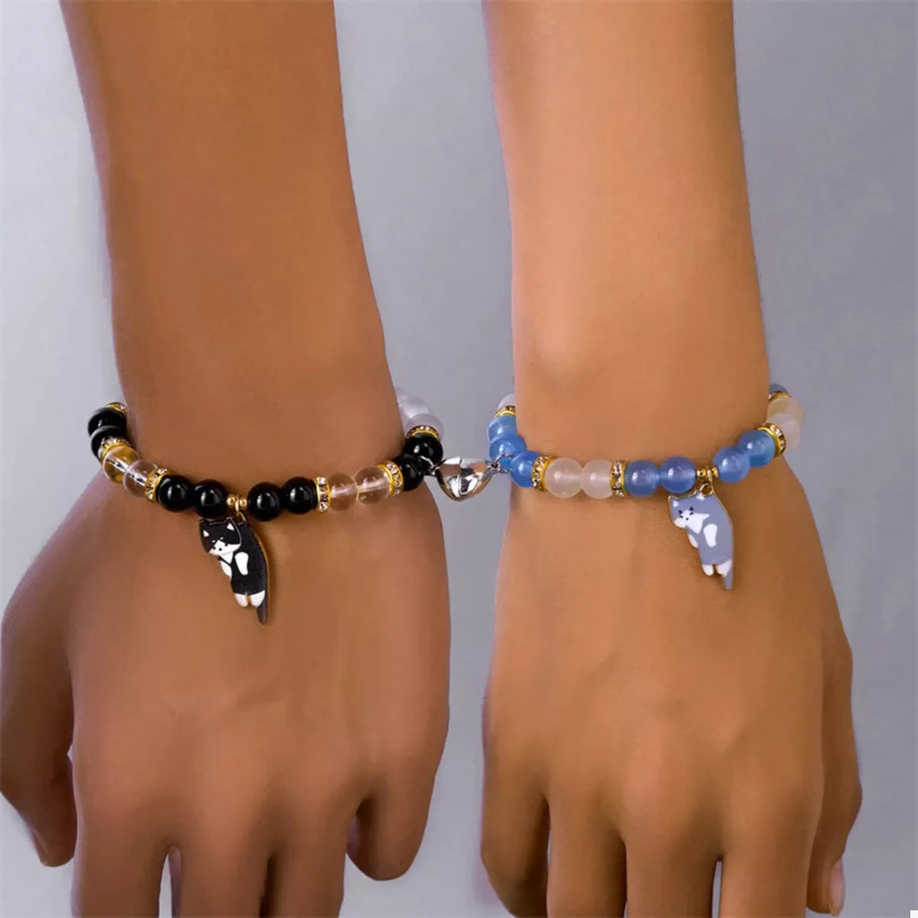 2 Piece Beaded Cat Charm Bracelet