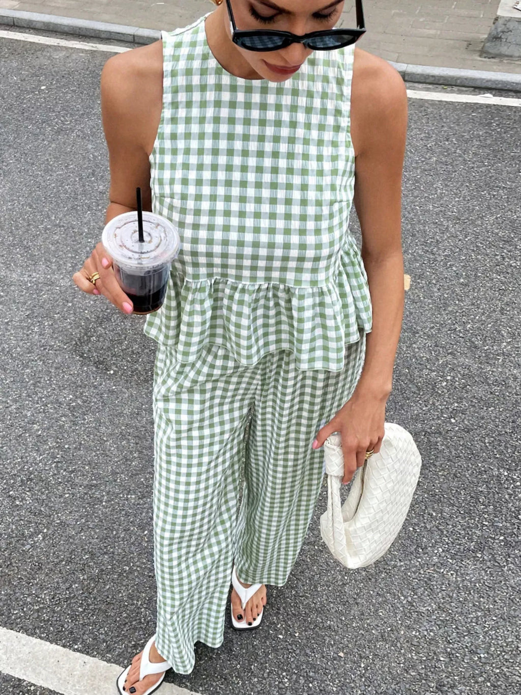 Gingham Sleeveless Top and Wide Leg Pants Set