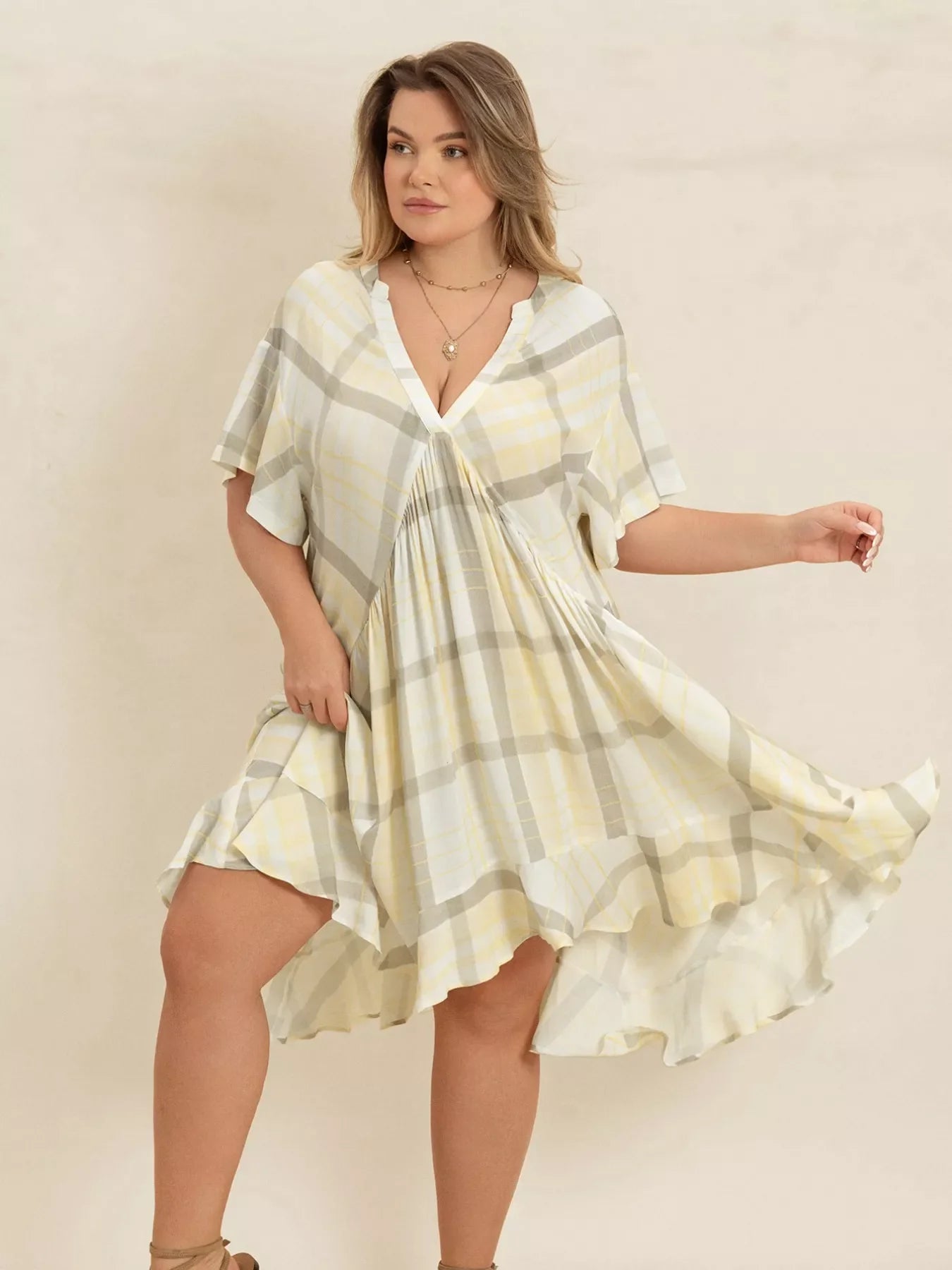 Plus Size Plaid Flutter Sleeve Dress