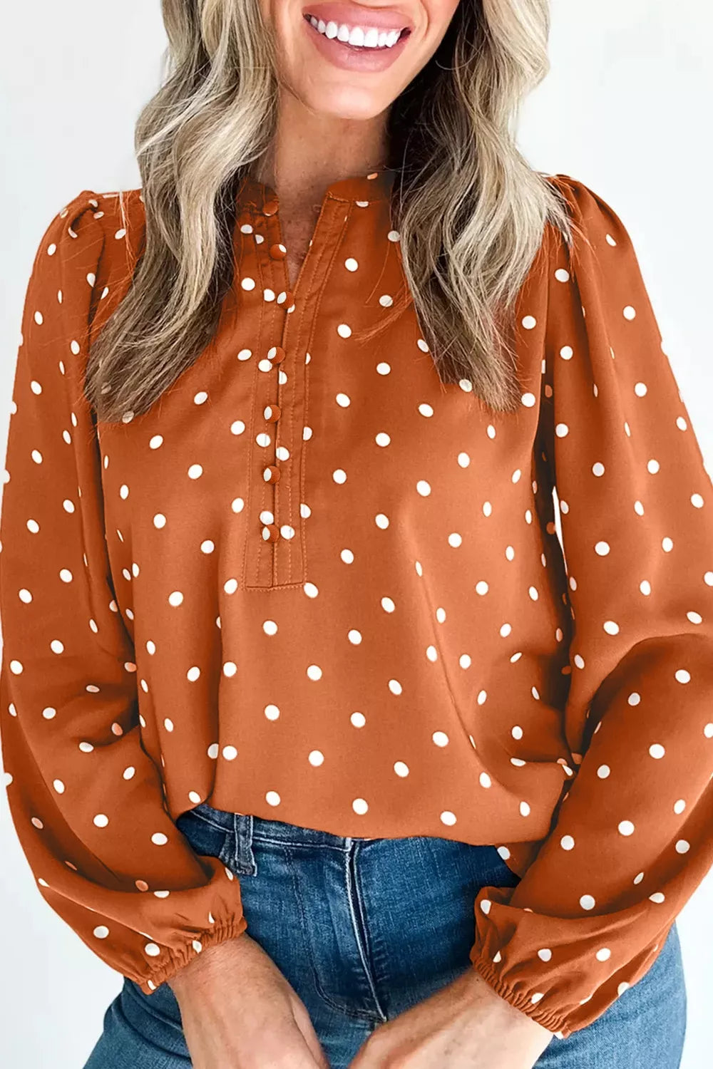 Polka Dot Half Button V Neck Long Sleeve Blouse