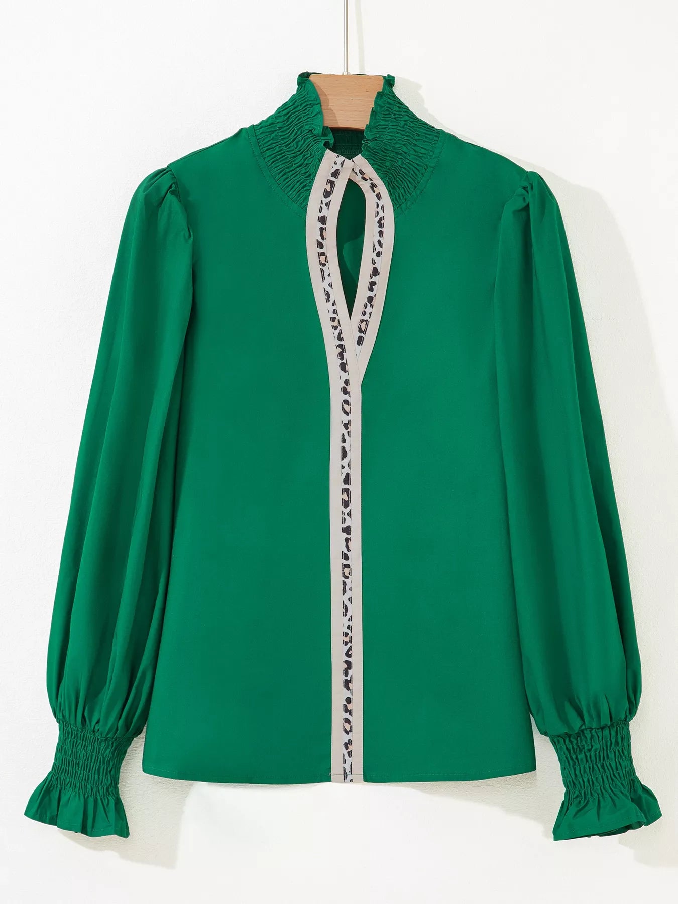 Puffy Flounce Sleeve Leopard Trim V Neck Blouse