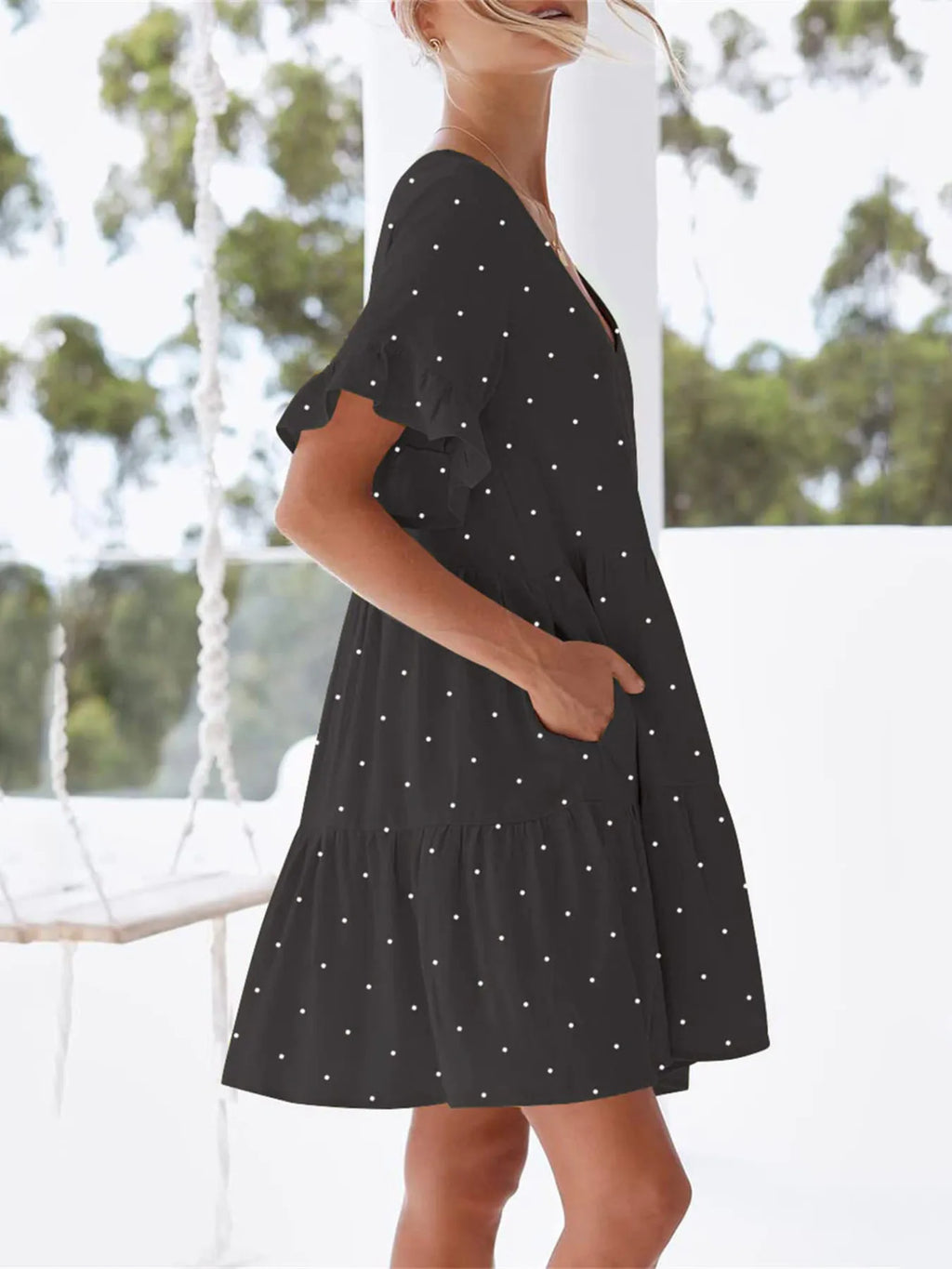 Polka Dot V-Neck Short Sleeve Mini Dress
