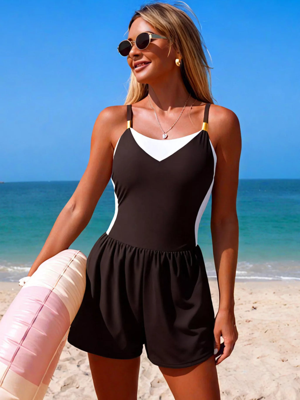 Color Block Adjustable Strap One-Piece Swimsuit