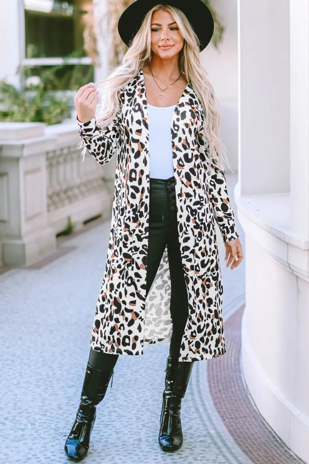 Leopard Open Front Long Sleeve Cover Up