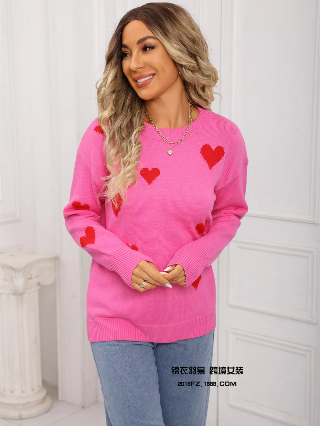 Valentine's Day Heart Print Round Neck Sweater