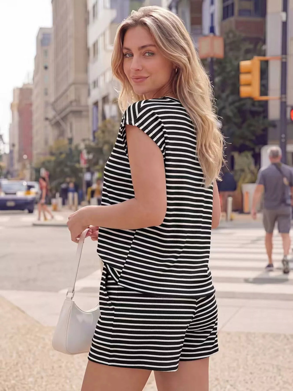 Striped Round Neck Tee and Shorts Set