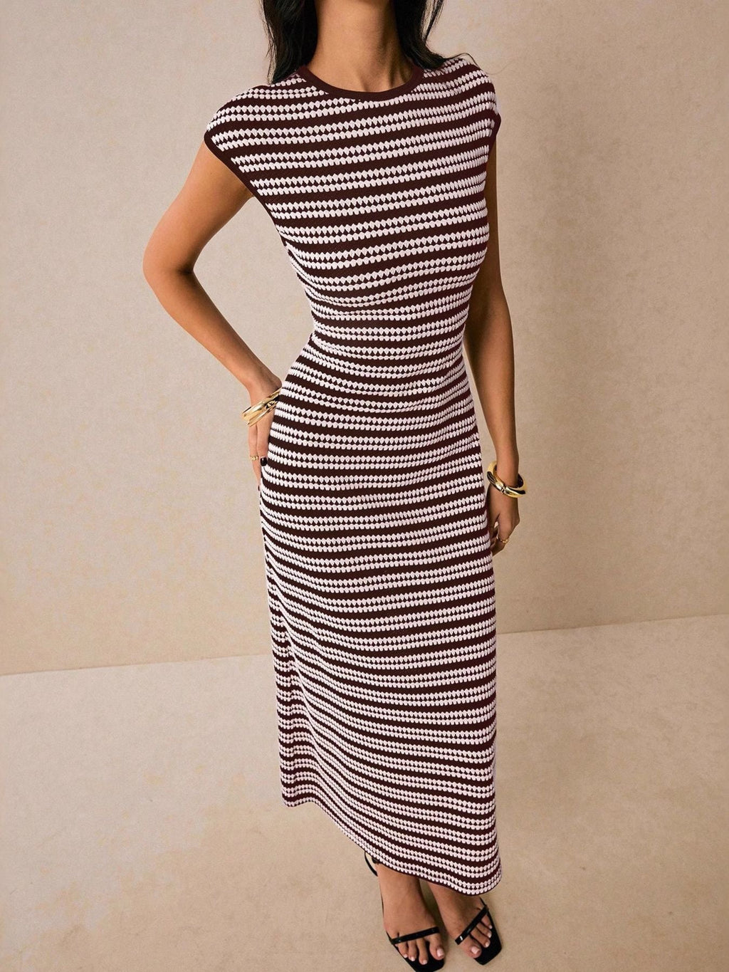 Striped Cap Sleeve Bodycon Midi Dress