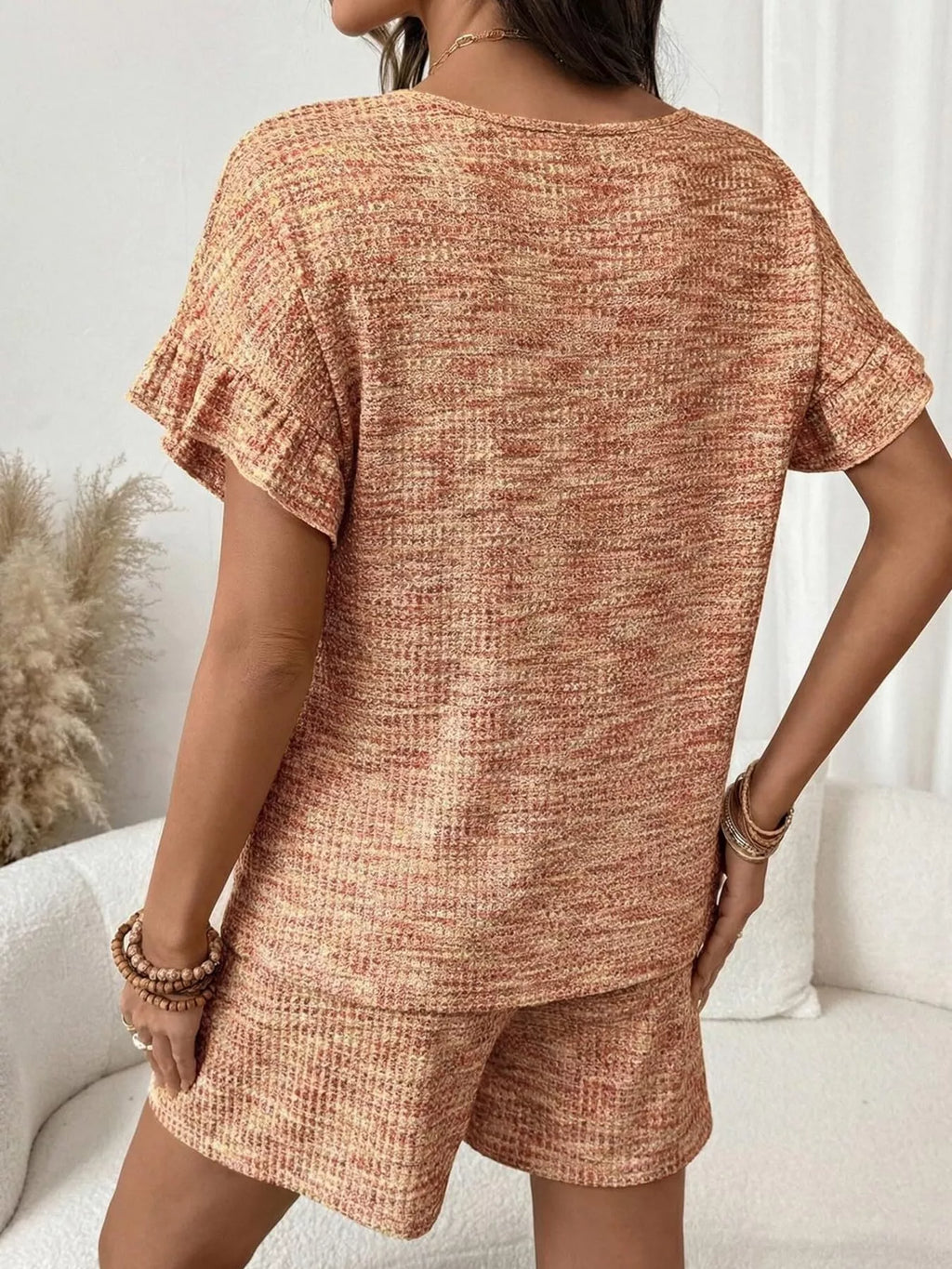 Ruffle Sleeve Textured Top and Shorts Set