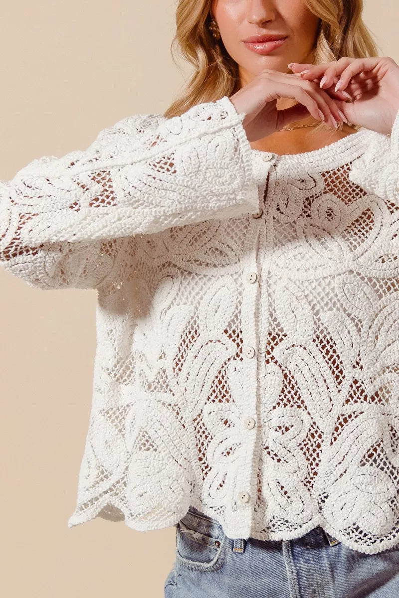 SO ME Button Front Floral Pattern Crochet Lace Cardigan