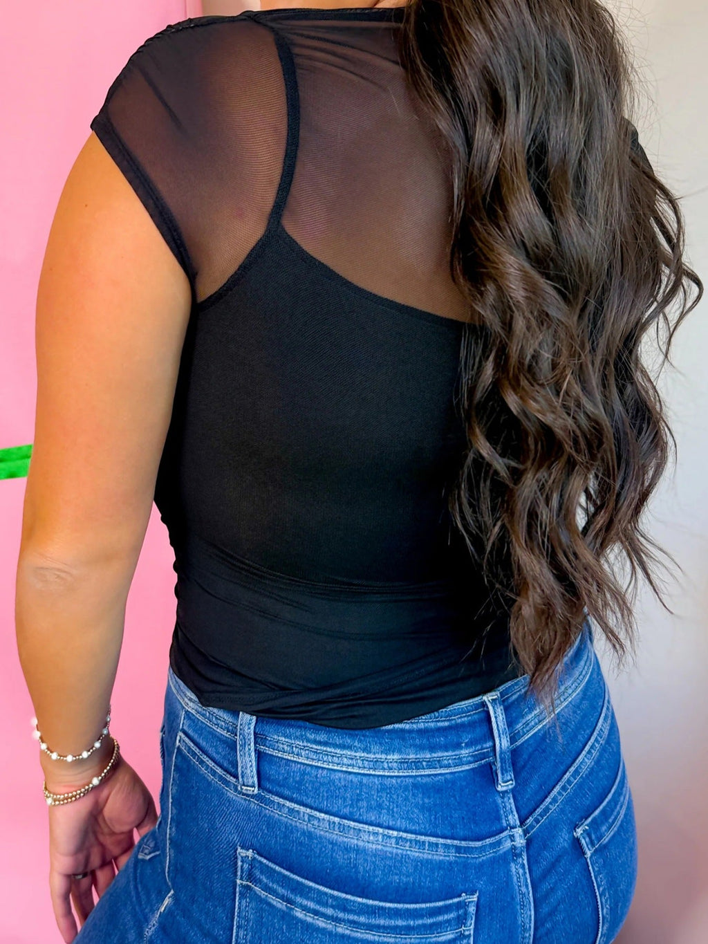 Sheer Mesh Patchwork Cap Sleeve T Shirt