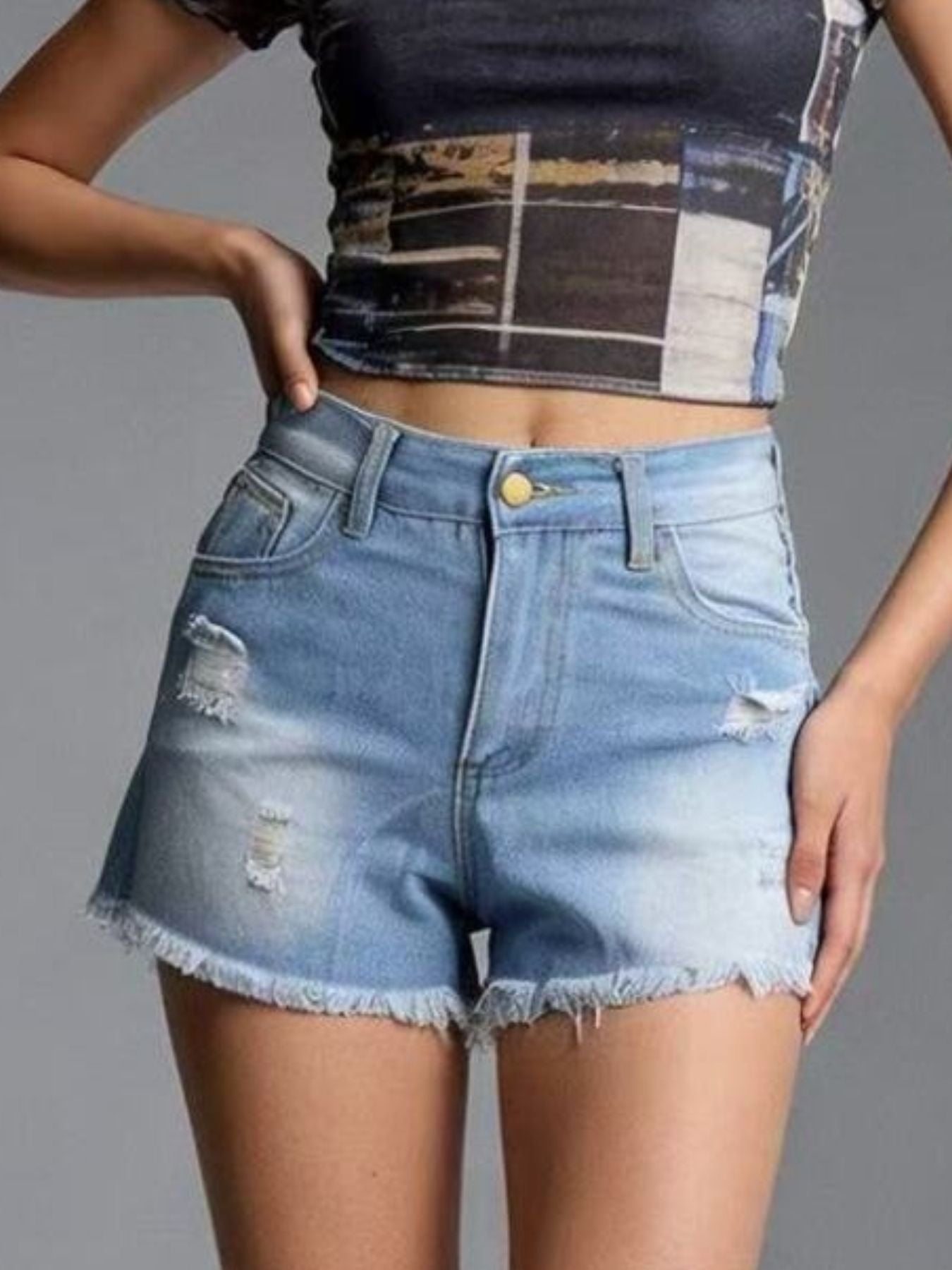 Distressed Frayed Hem Denim Shorts