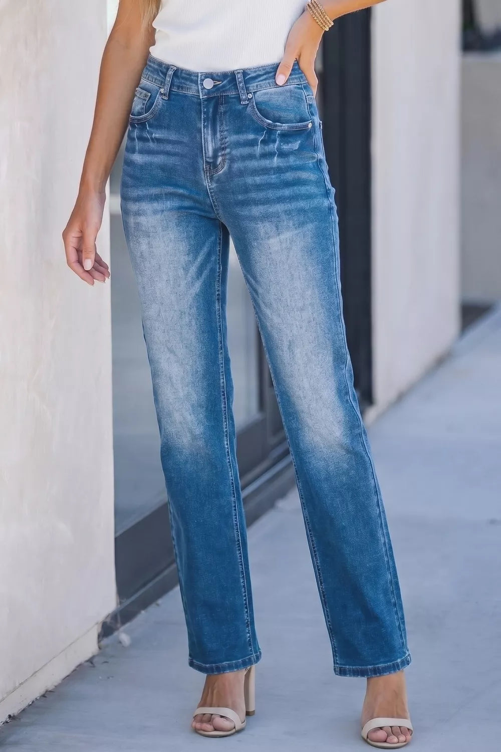 Acid Washed Straight Leg Full Length Casual Jeans
