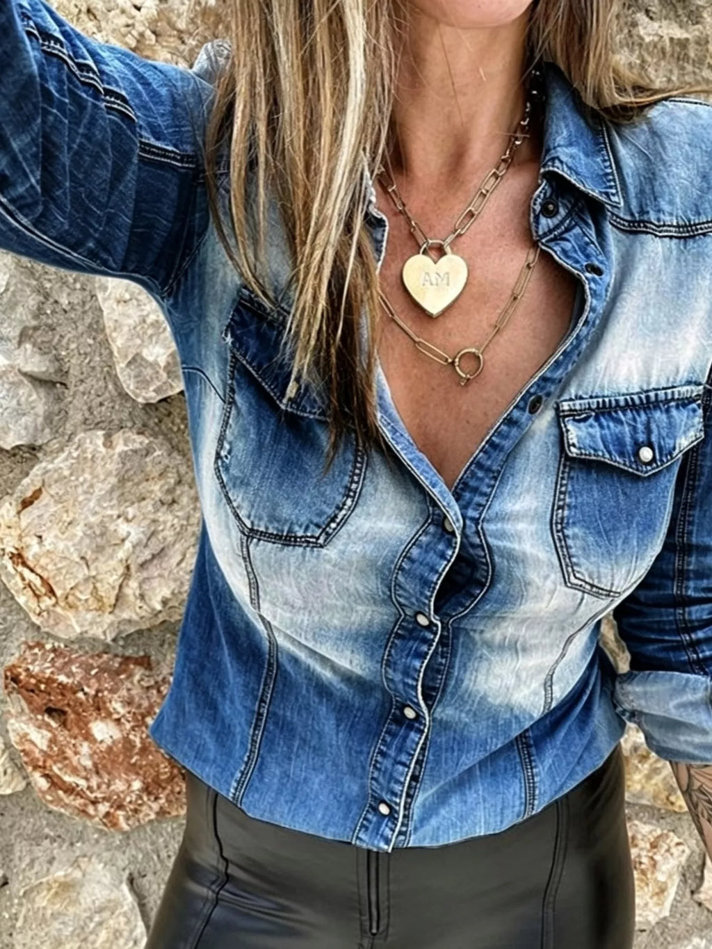 Vintage Wash Button Up Denim Shirt