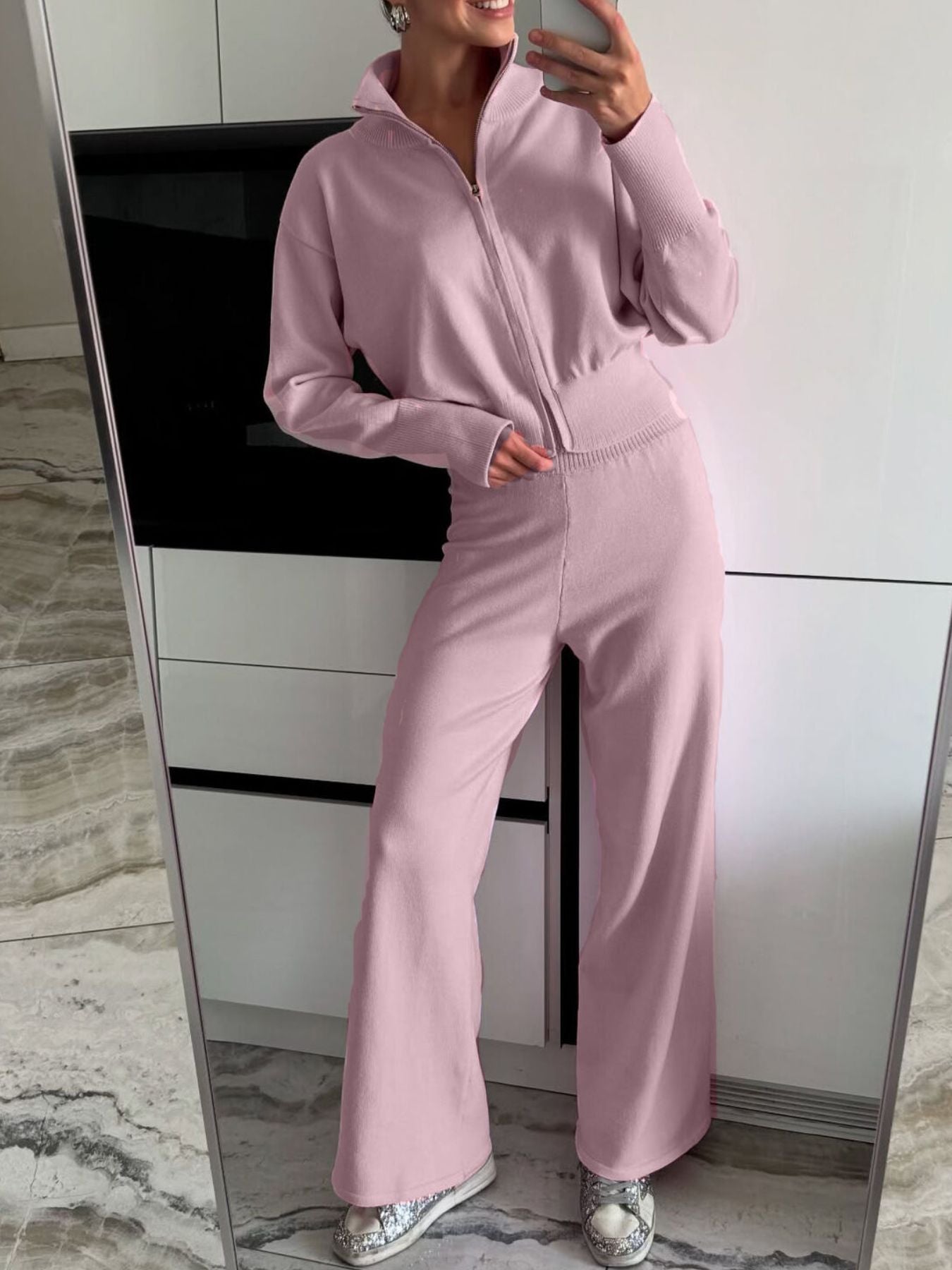 Zip Up Outerwear and Wide Leg Pants Set