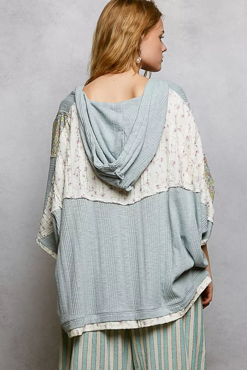 POL Floral Star Patch Hooded Blouse with Lace Contrast Detail