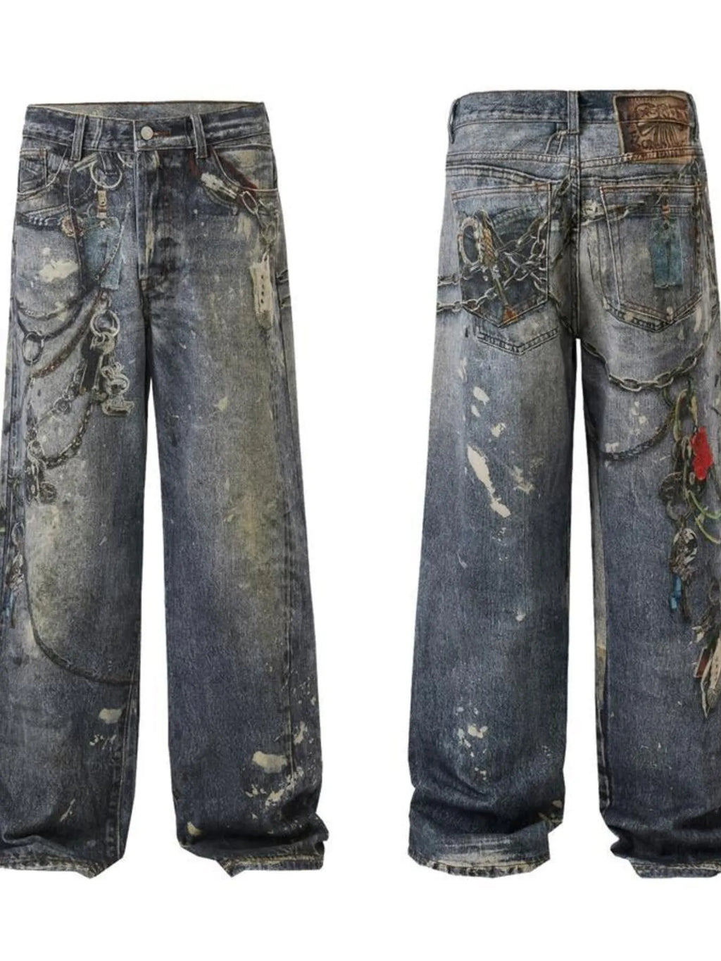 Men's Distressed Printed Wide Leg Jeans