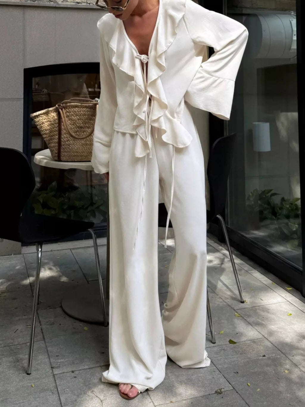 Ruffle Trim Tie Front Top and Pants Set