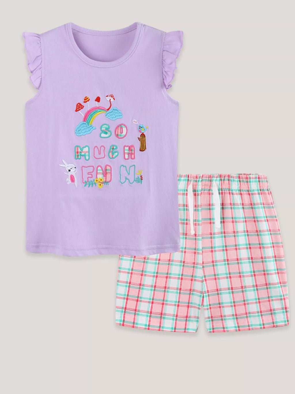 Children's Cartoon Graphic Ruffle Trim Tee & Plaid Shorts Set