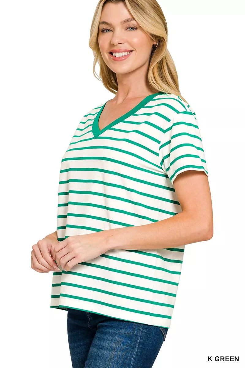 Zenana Striped V-Neck Short Sleeve T-Shirt