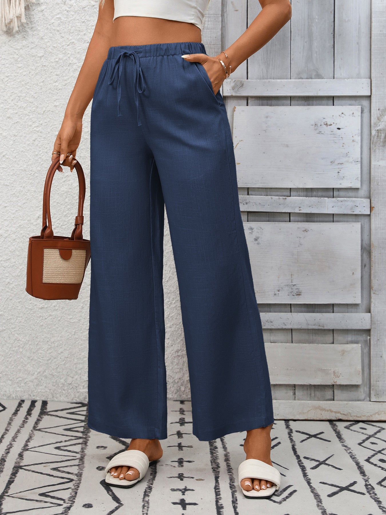 Drawstring High Waist Wide Leg Pants