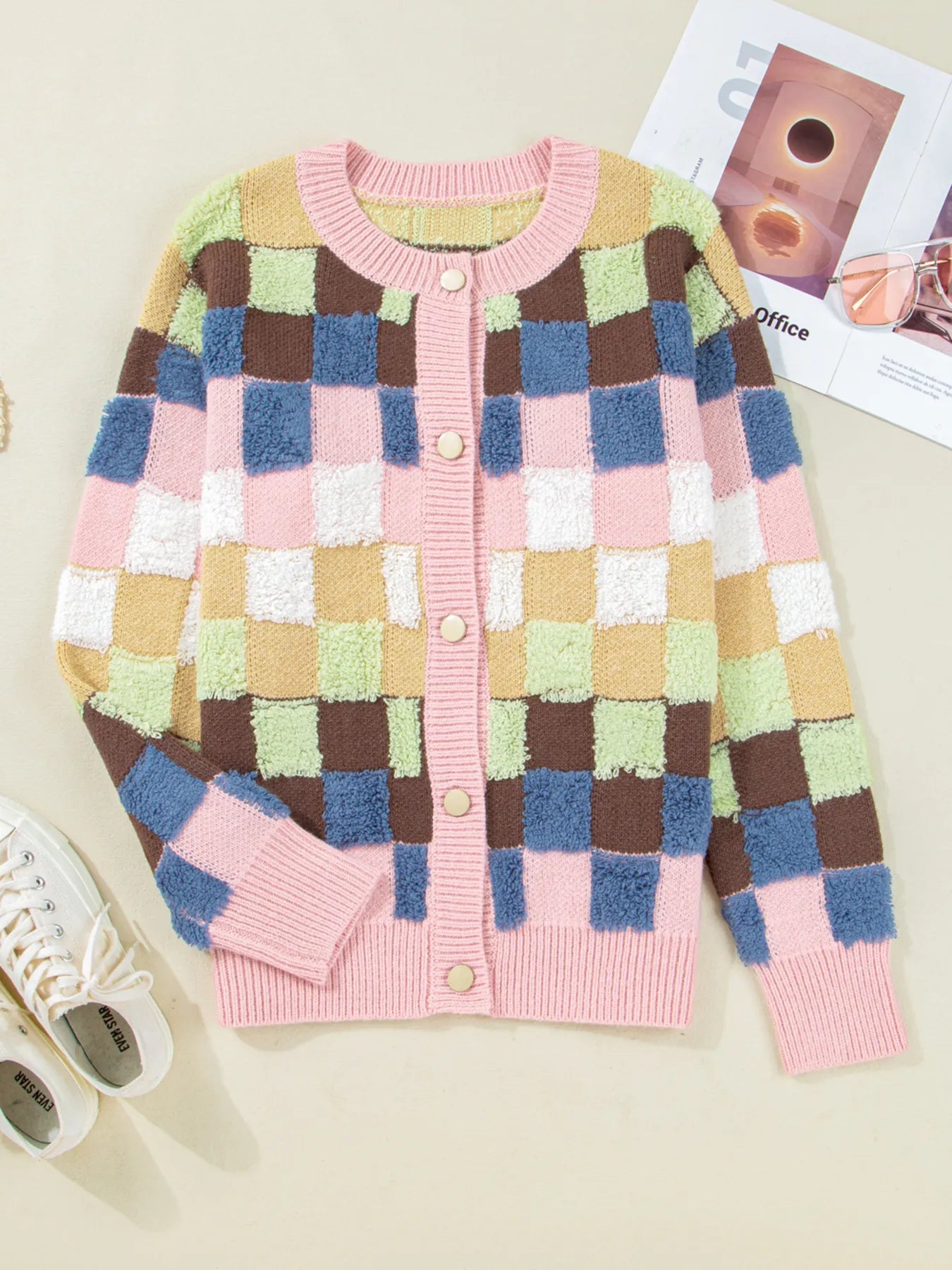 Checkered Pattern Button Front Cardigan