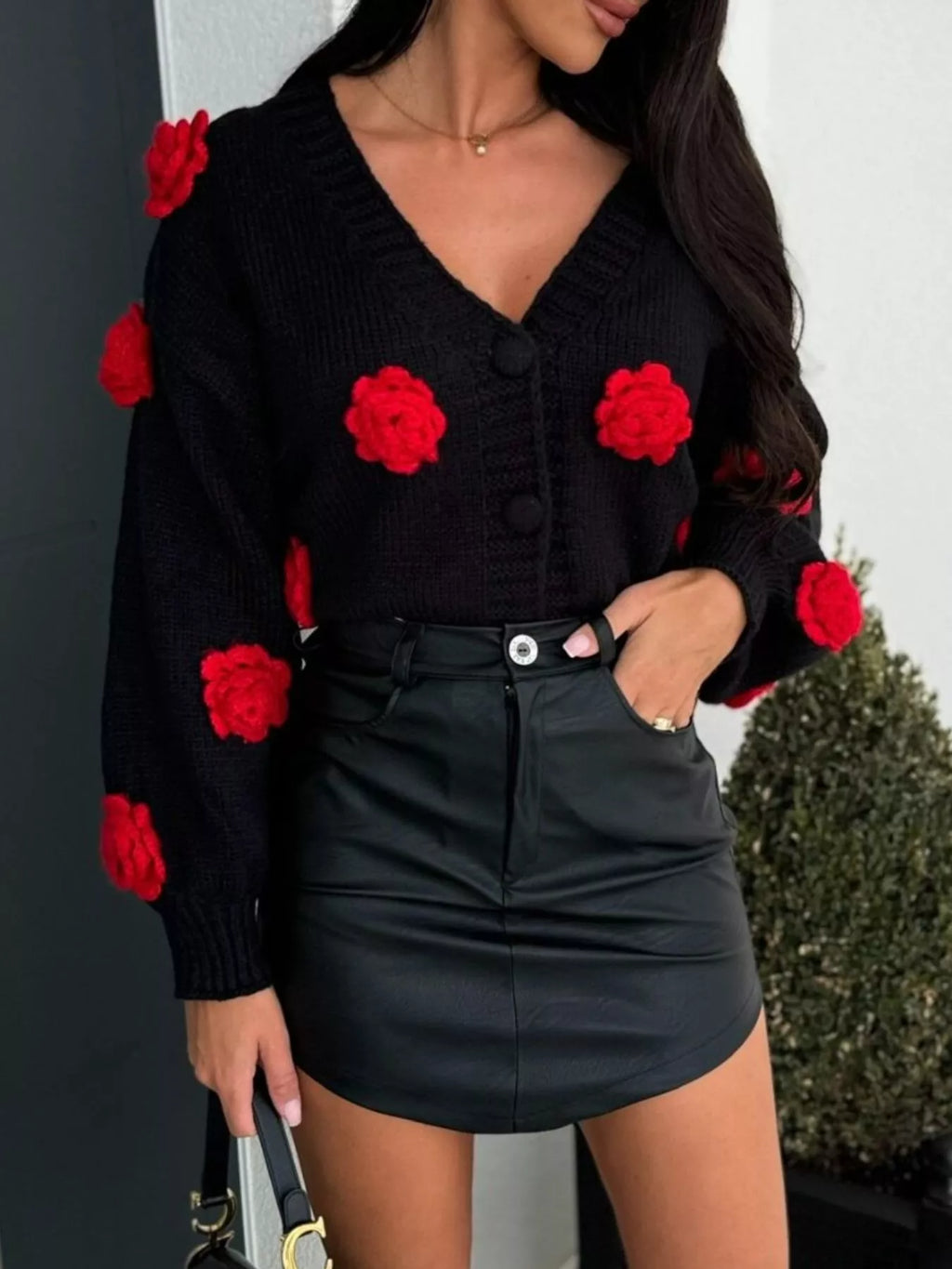 Rose Embellished V-Neck Cardigan