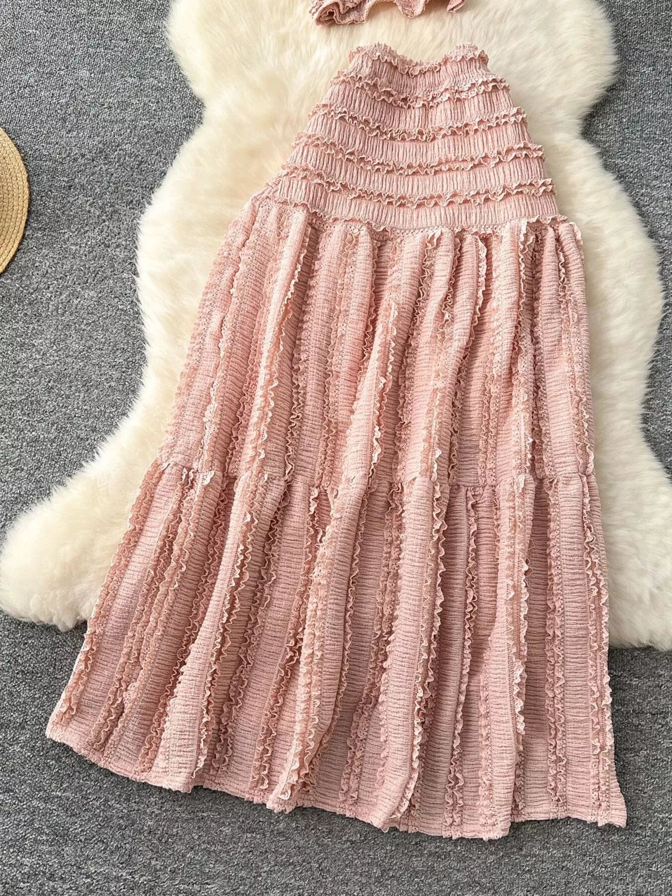 Textured Crop Top and Tiered Skirt Set