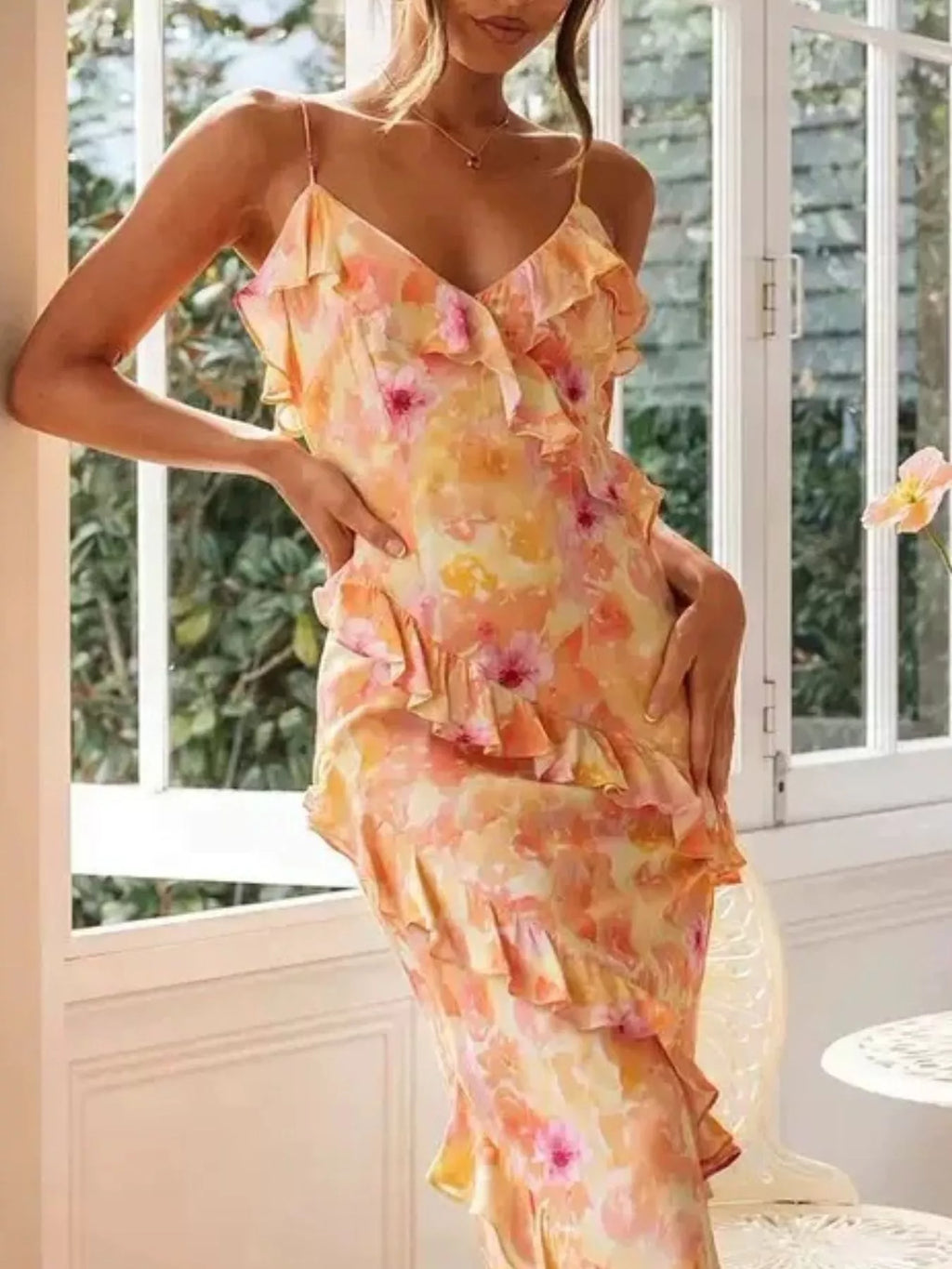 Floral Print Ruffle Trim Spaghetti Strap Maxi Dress