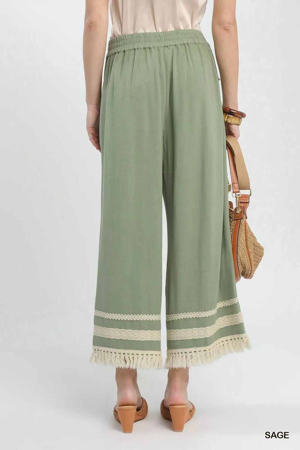Umgee Lace Trim Fringe Hem Wide Leg Pants