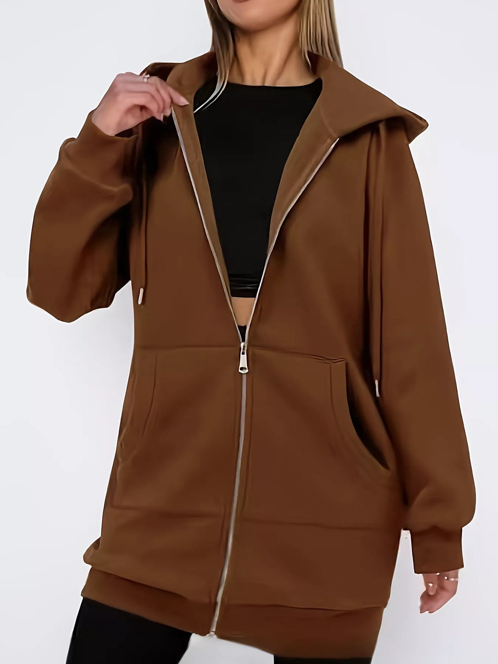 Drawstring Zip Up Long Sleeve Hoodie