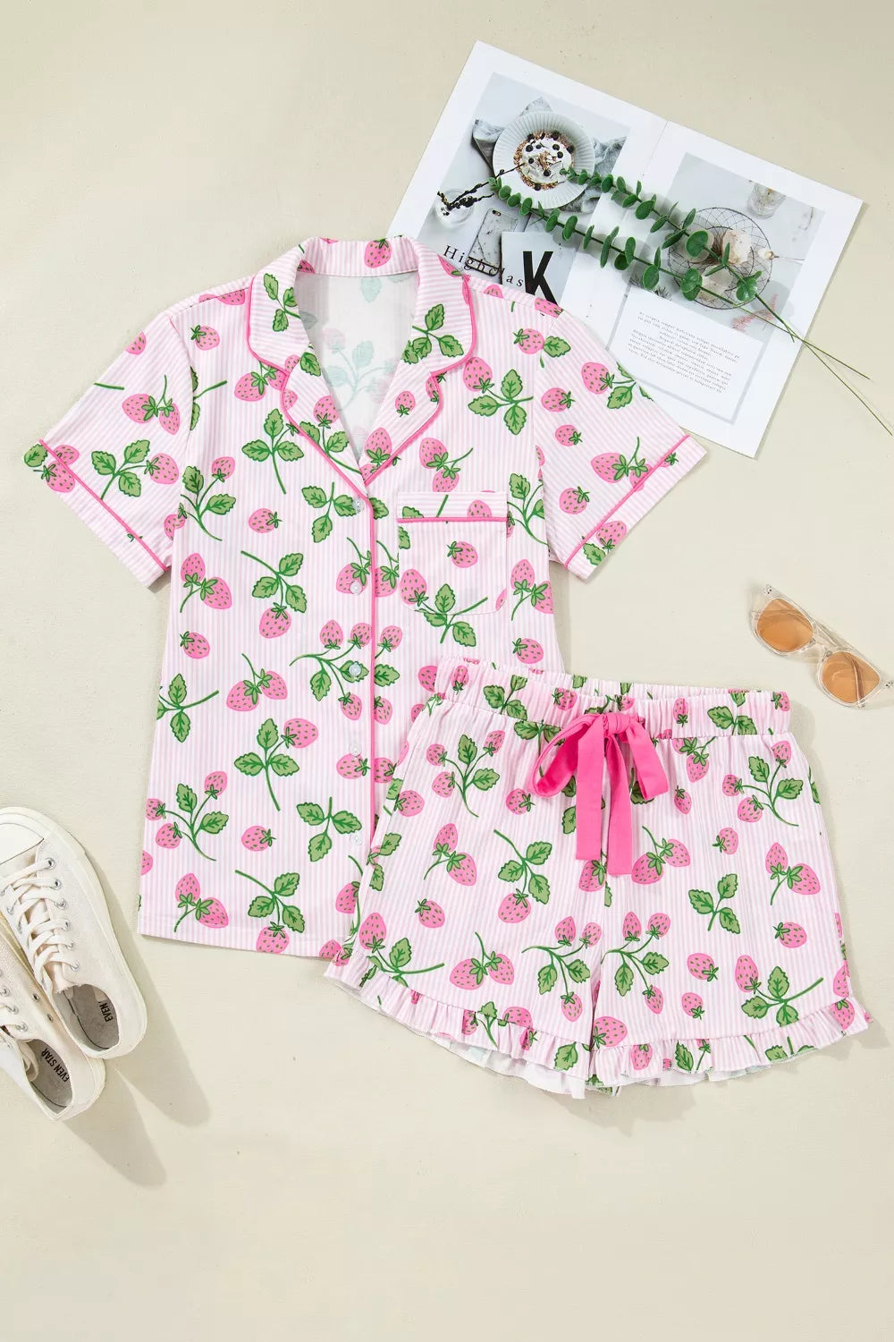 Striped Strawberry Print Lapel Shirt Drawstring Shorts 2pcs Pajama Set