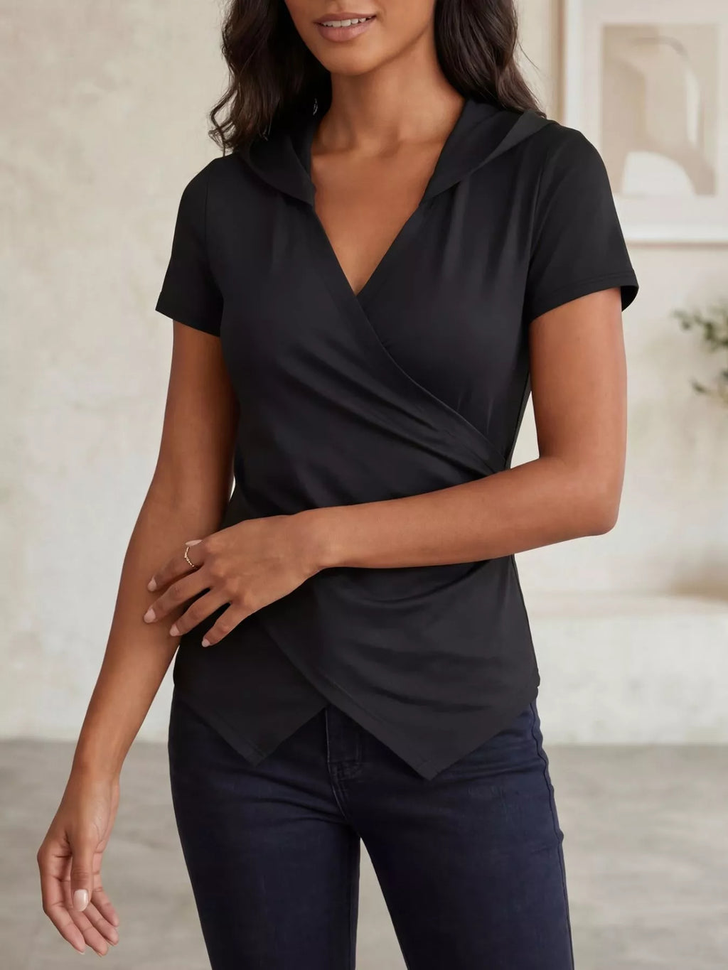 Hooded Wrap Front Slim Fit Top