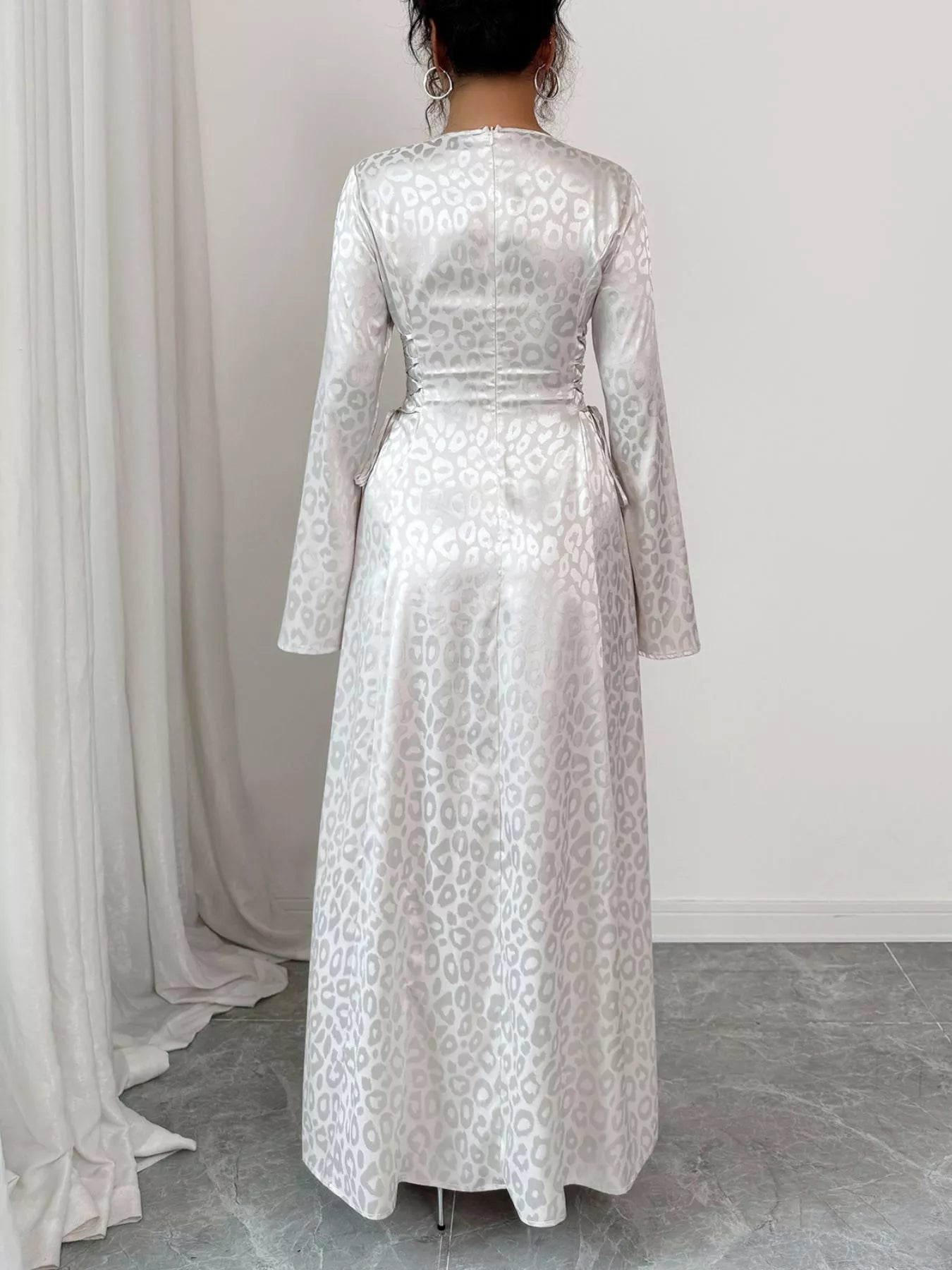 Leopard Lace Up Long Sleeve Maxi Dress