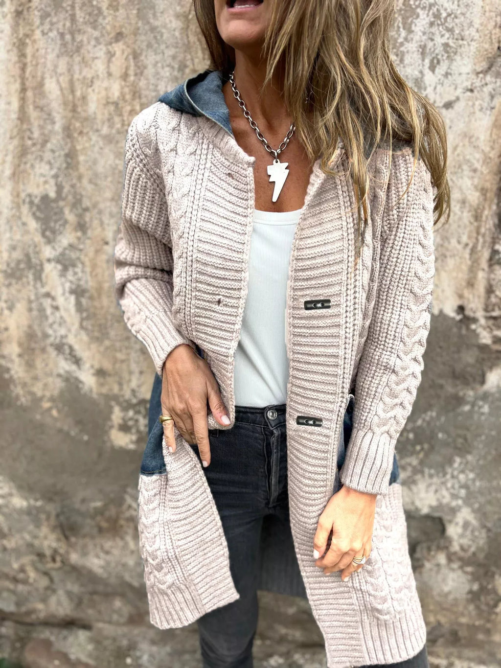 Full Size Hooded Cable Knit Longline Cardigan Plus Size