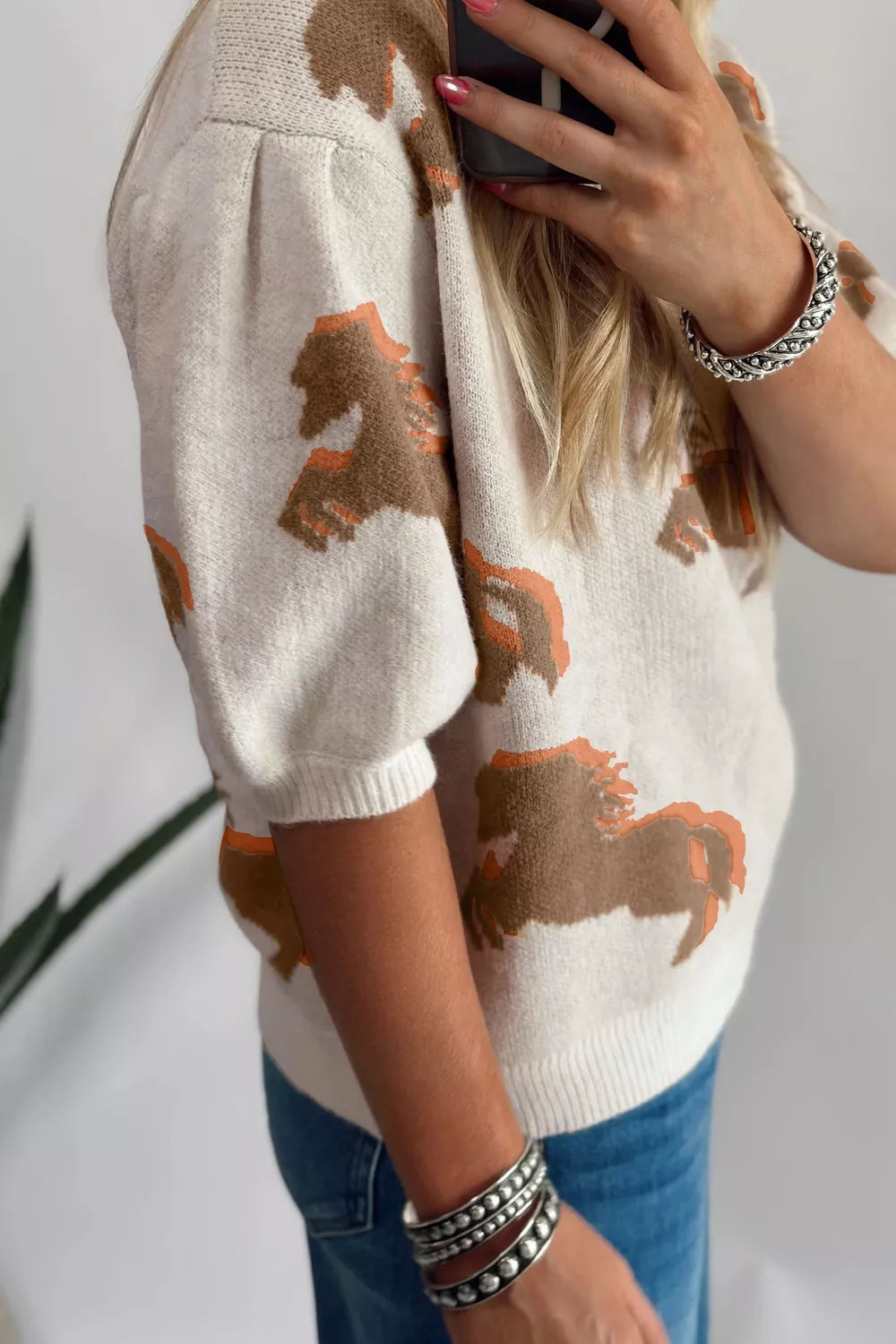 Western Horse Short Puff Sleeve Sweater