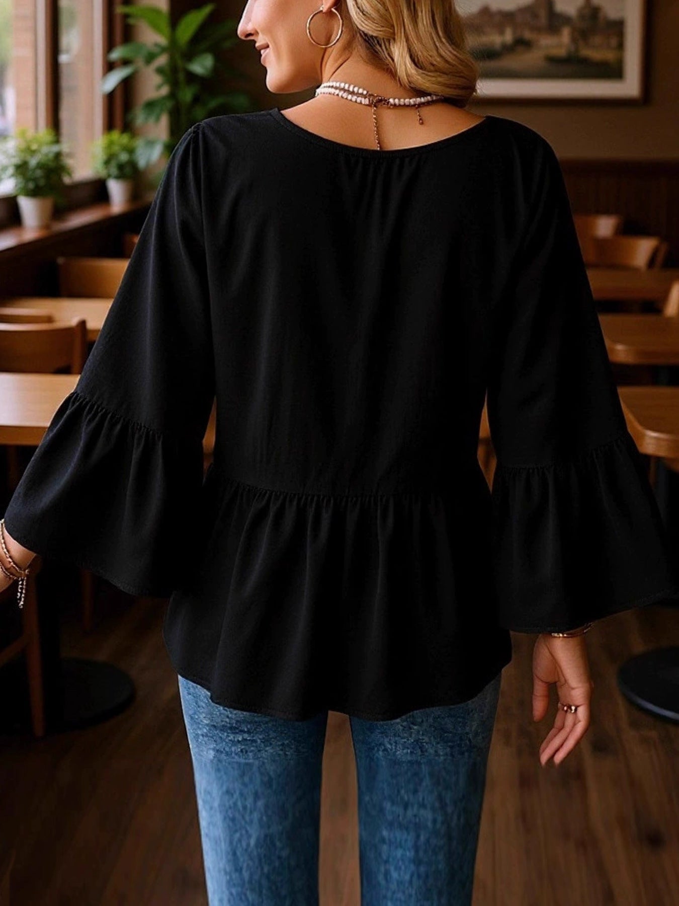 V-Neck Flounce Sleeve Blouse