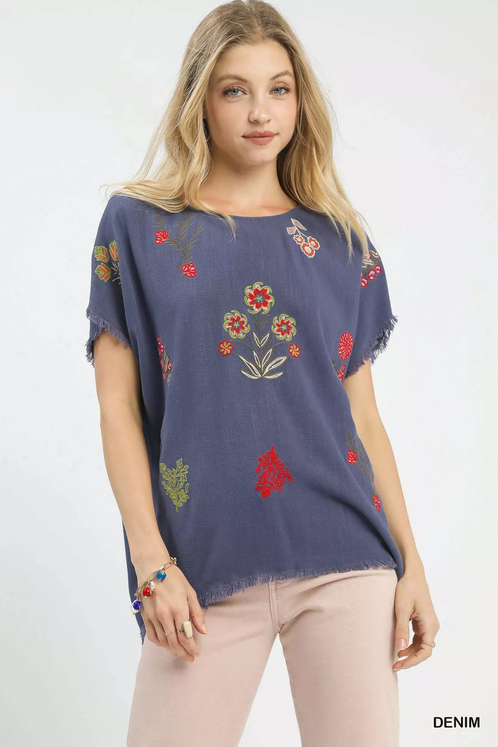 Umgee Linen Blend Embroidered Frayed Hem Top