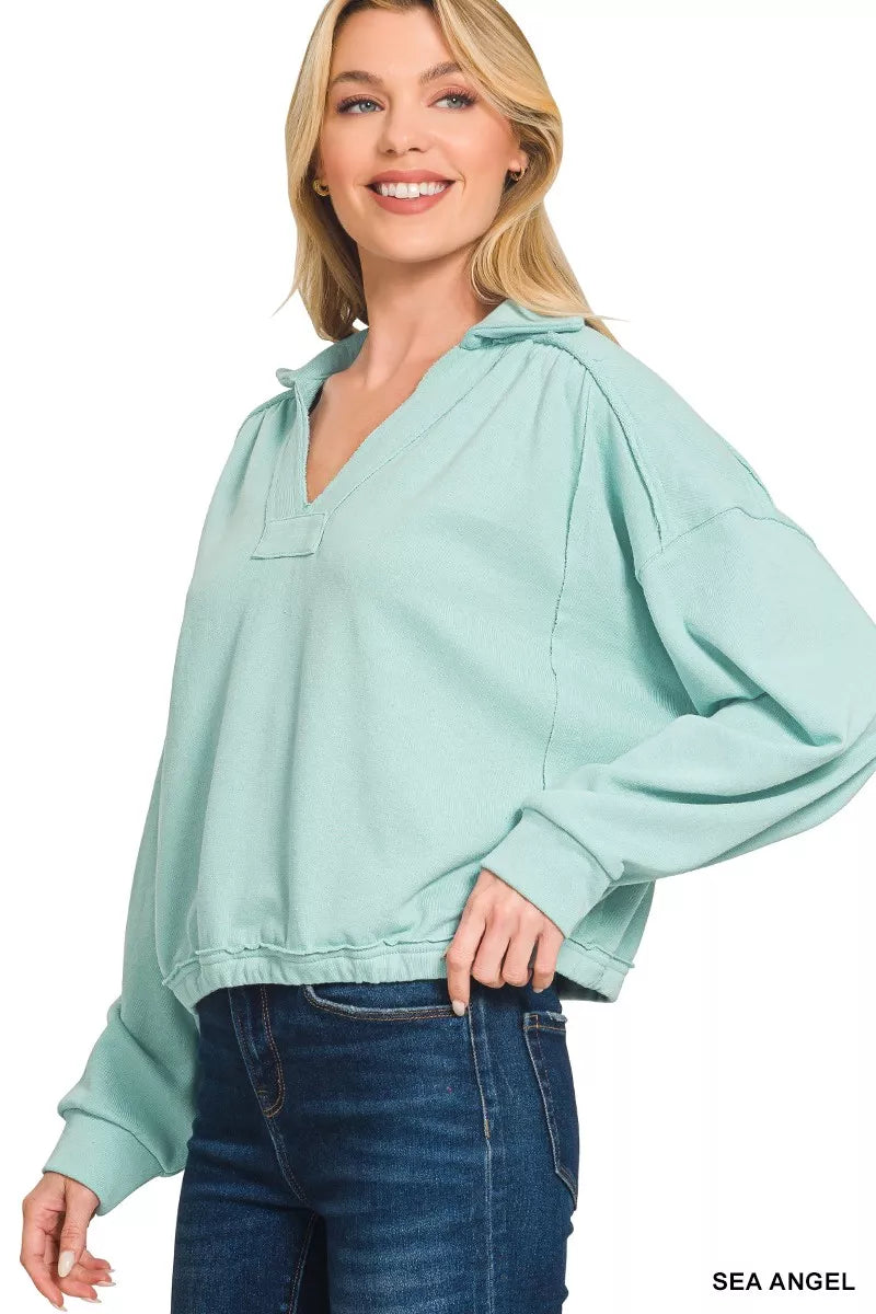 Zenana French Terry Collared Exposed Seam Sweatshirt