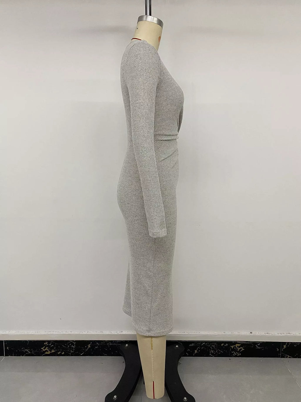 Ribbed Knit Twist Front Long Sleeve Midi Dress with Slit