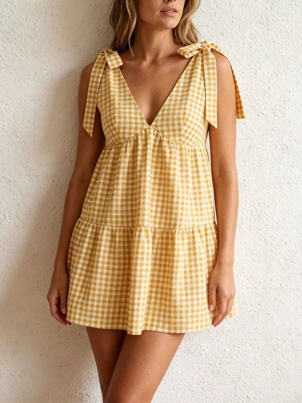 Gingham Tie-Shoulder Mini Dress