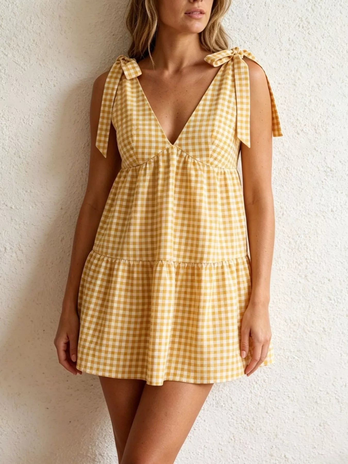 Gingham Tie-Shoulder Mini Dress