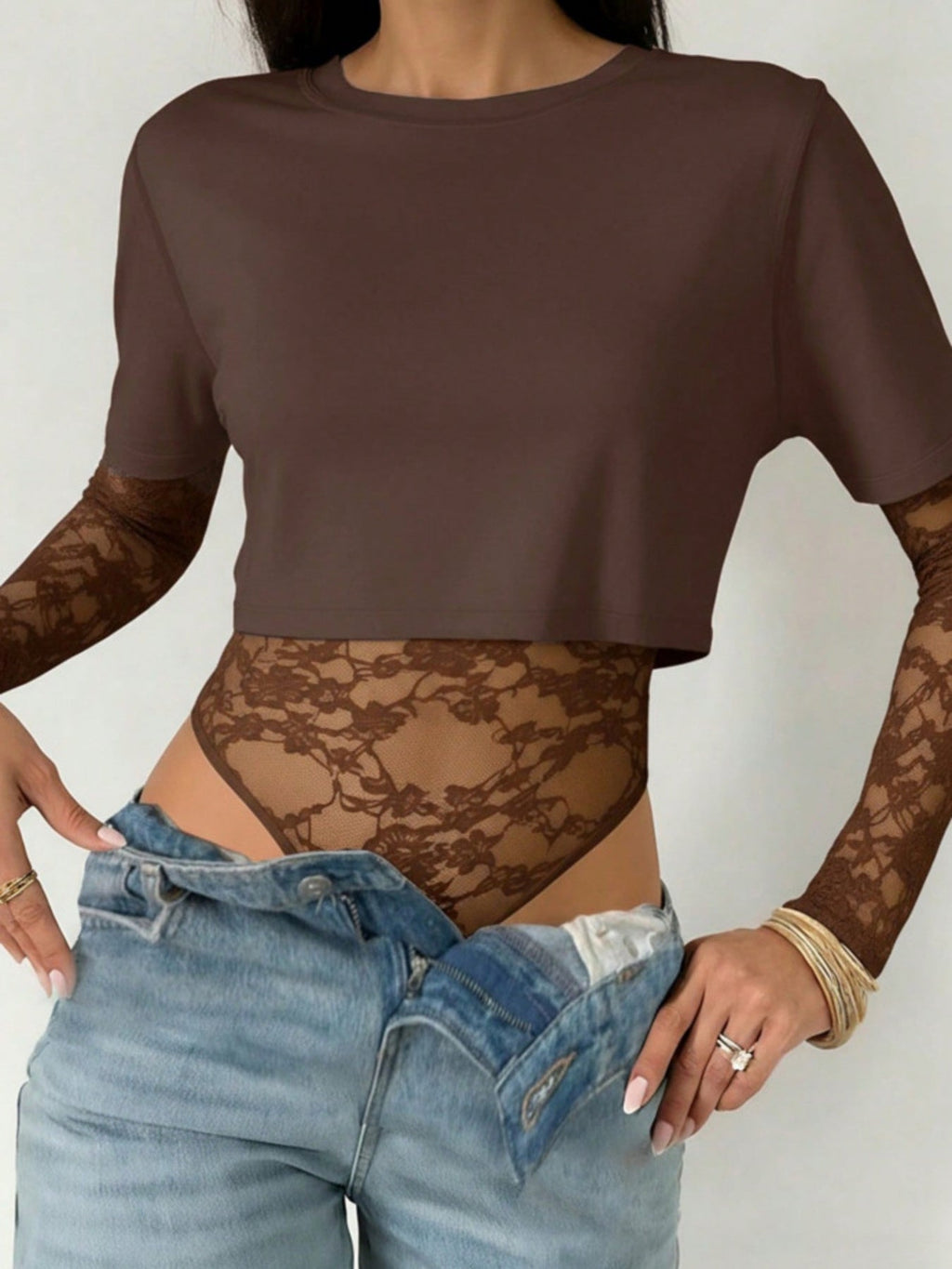 Lace Patchwork Round Neck Bodysuit