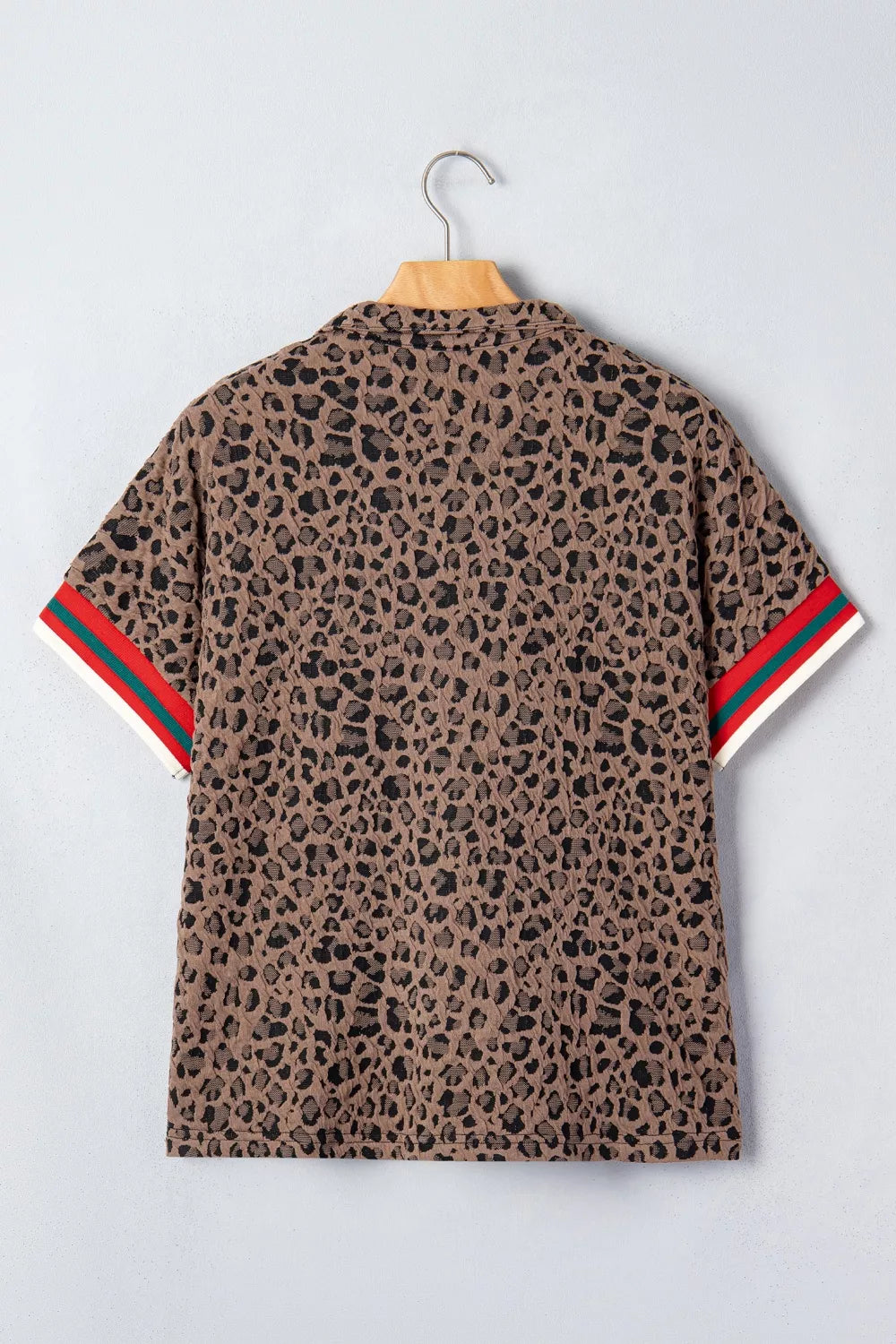 Leopard Jacquard Striped Patchwork Half Zip Short Sleeve Blouse