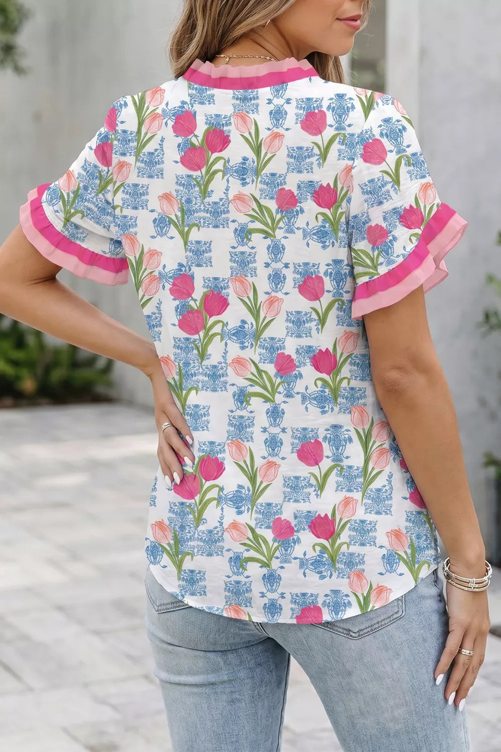 Floral Print Ruffle V-Neck Short Sleeve Loose Tunic Shirt